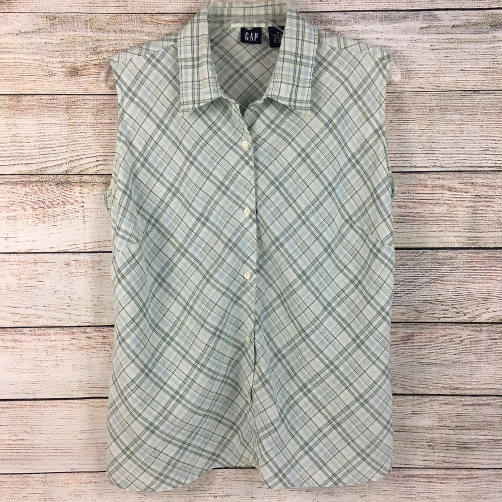 Vintage GAP Linen Sleeveless Plaid Button Front Top Y2K